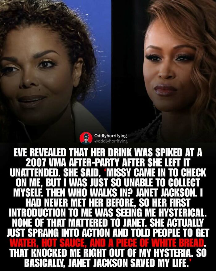 Two women, Janet Jackson and Eve, illustrating a dark and unsettling story of a spiked drink.