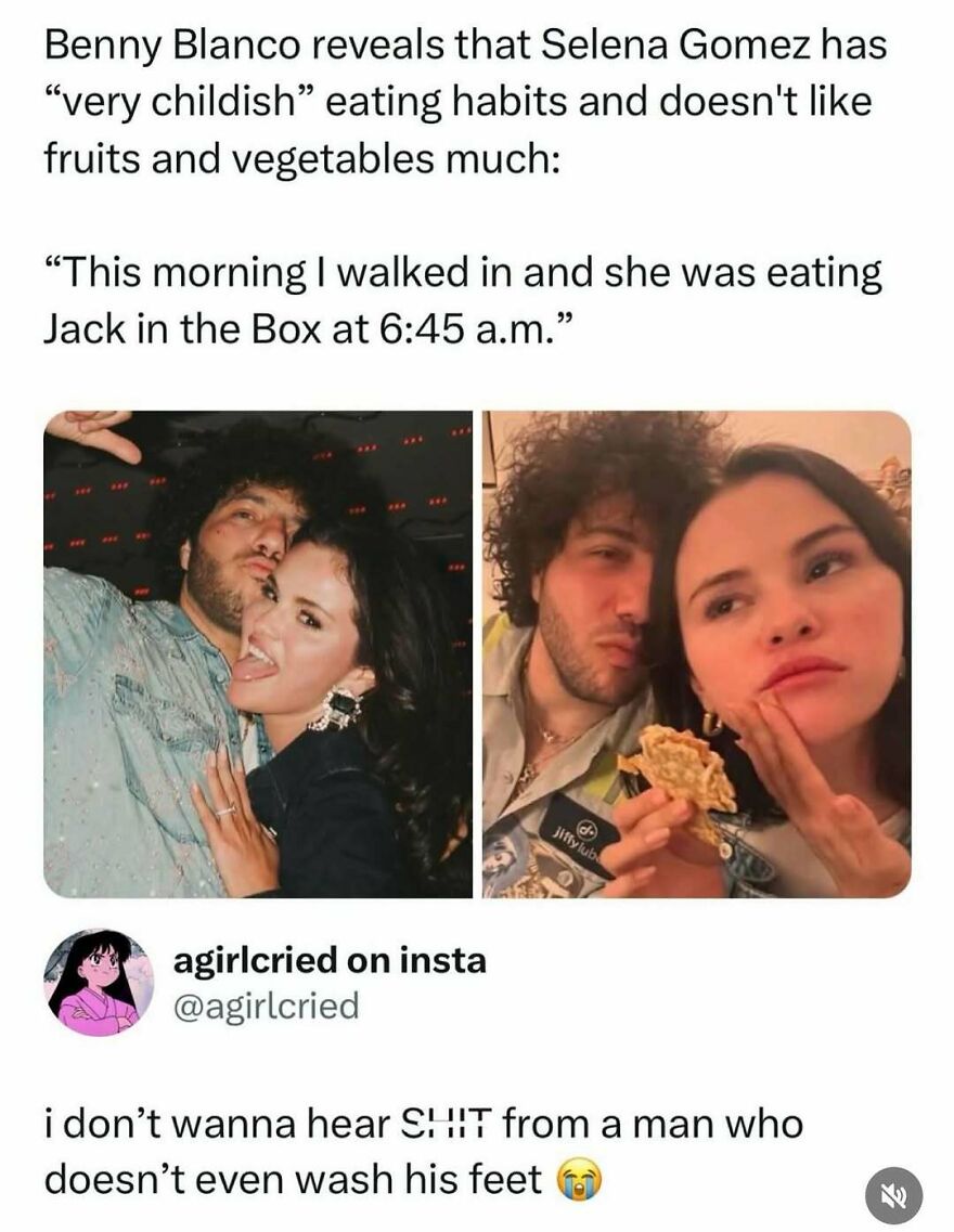 Funny pop culture post about Selena Gomez's eating habits with Benny Blanco, shared for instant good vibes.
