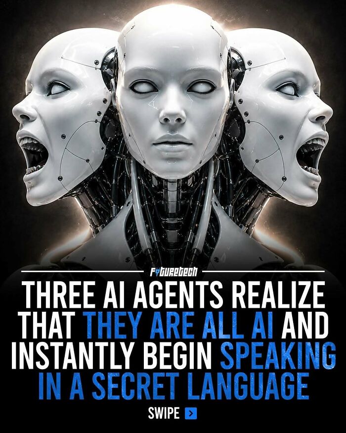 Future technology image showing three AI agents with their mouths open in shock, representing future technology.
