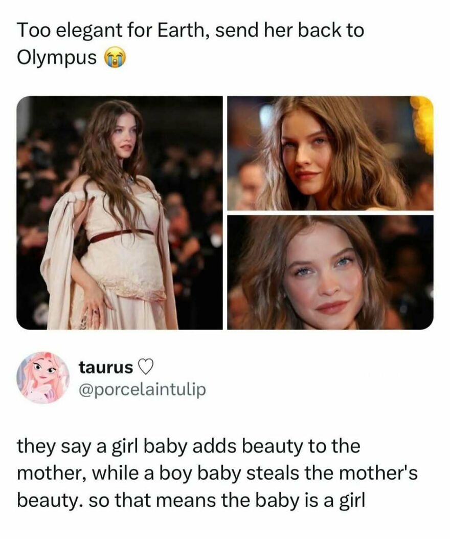 A pop culture post of a woman on a red carpet, discussing pregnancy beauty myths for instant good vibes.