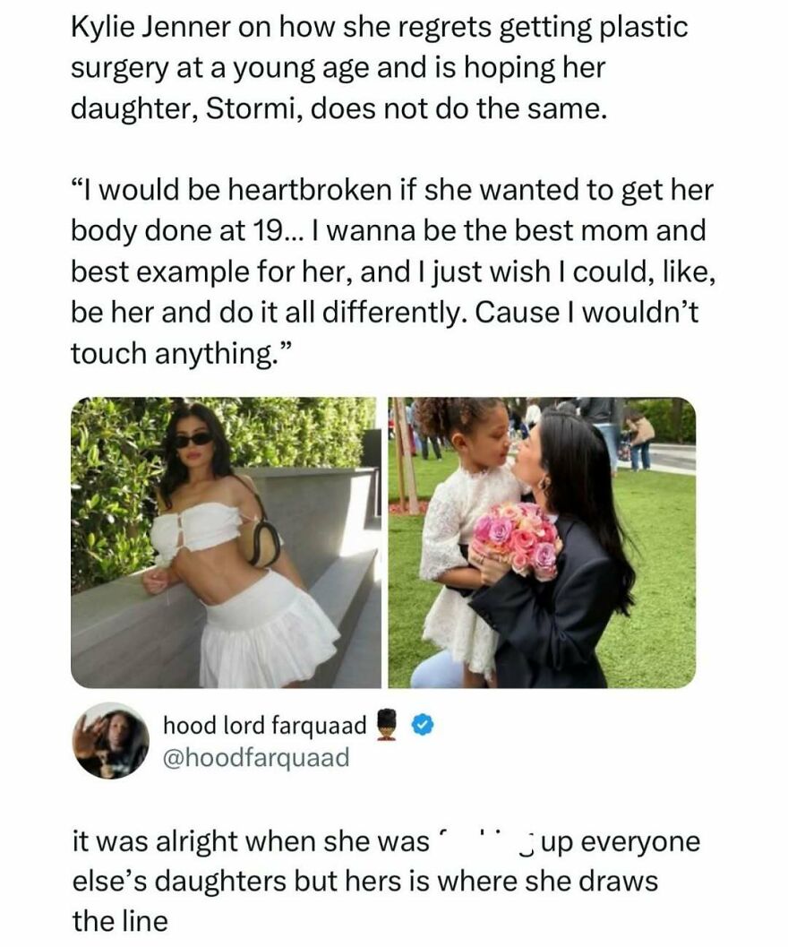 A pop culture post discussing Kylie Jenner's regrets about plastic surgery, for instant good vibes.
