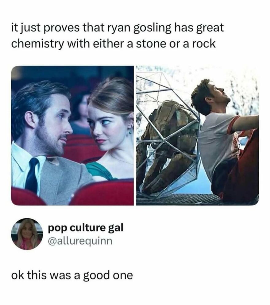 A pop culture post featuring Ryan Gosling in two movie scenes, highlighting his great chemistry for good vibes.