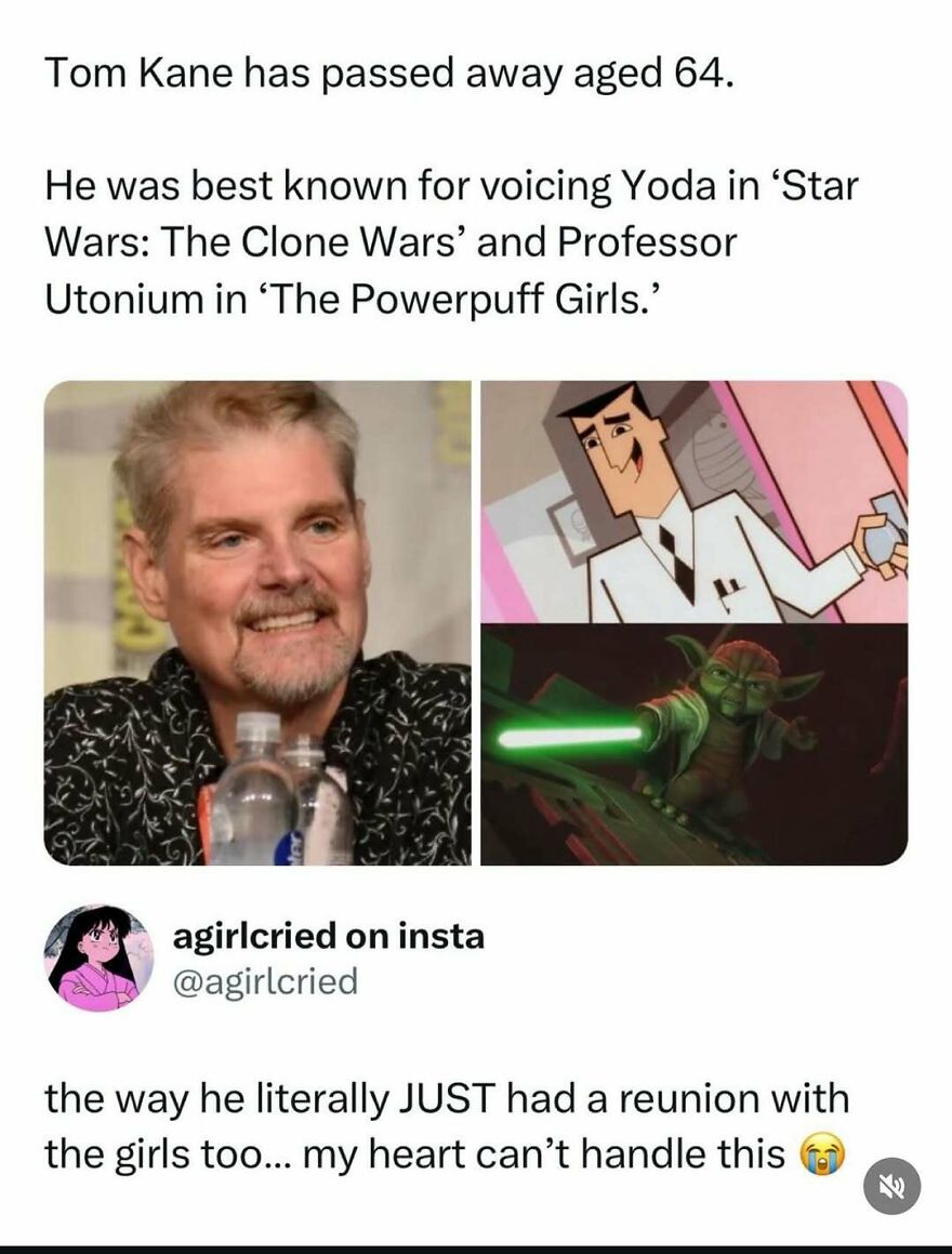 A split image meme featuring Tom Kane and his famous pop culture voice roles, a pop culture post for good vibes.
