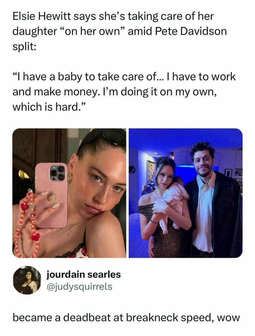 A split image of Elsie Hewitt with her phone and with a baby and man, from funny pop culture posts.