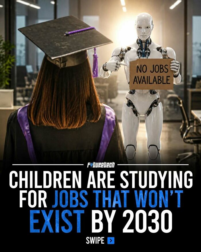 A graduating student faces a robot holding a sign saying No Jobs Available, illustrating future technology's impact on employment.