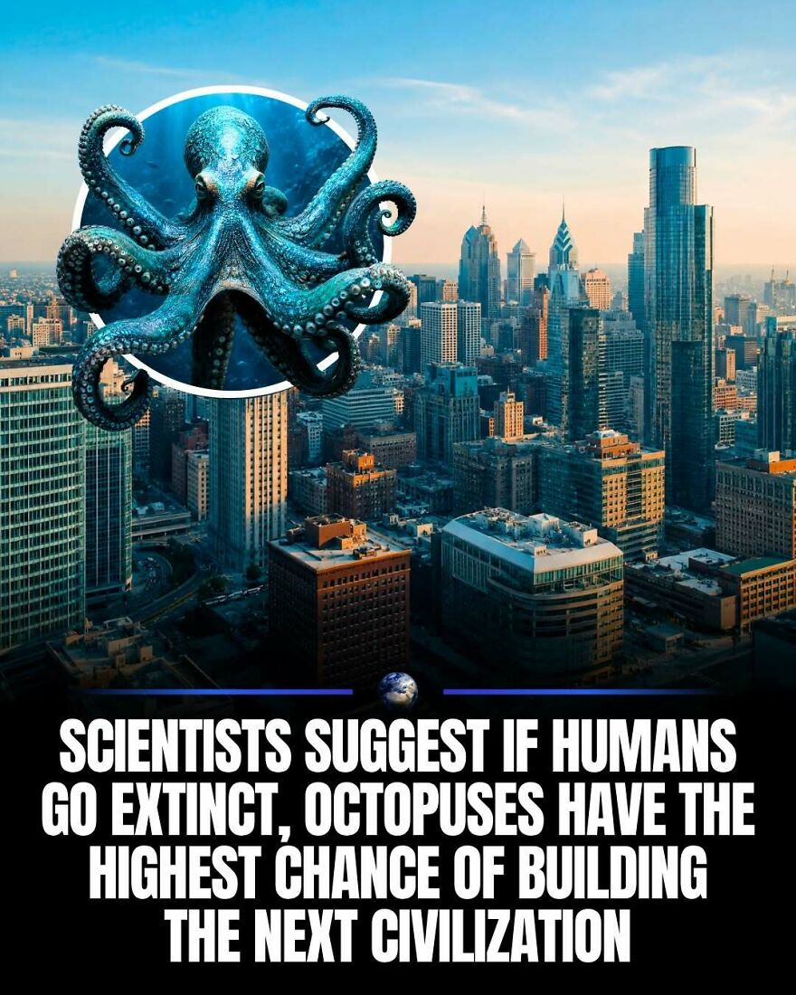 An image of an octopus superimposed over a city skyline, suggesting octopuses building the next civilization if humanity goes extinct on our planet.