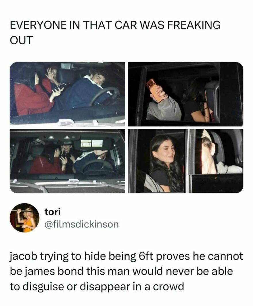 Four images show people in a car, hiding and looking out, from funny pop culture posts.