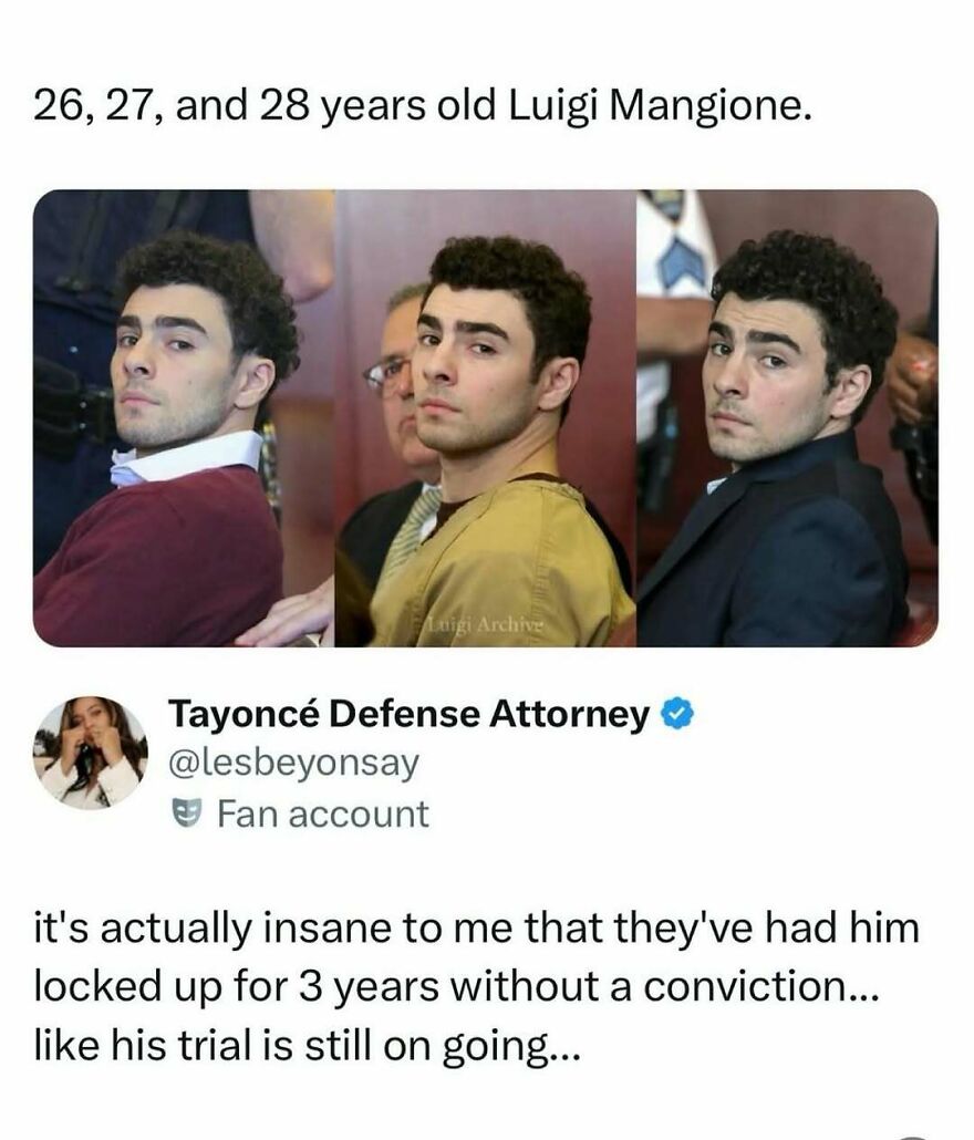A split image shows Luigi Mangione at 26, 27, and 28 years old, from funny pop culture posts.
