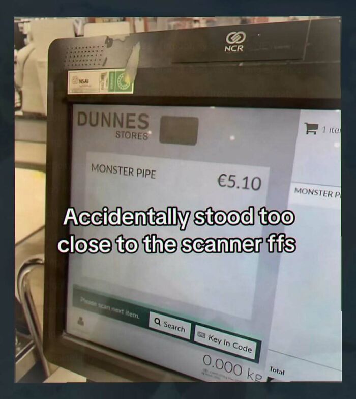 A chaotic and unhinged pic of a self-checkout screen showing a Monster Pipe for €5.10.