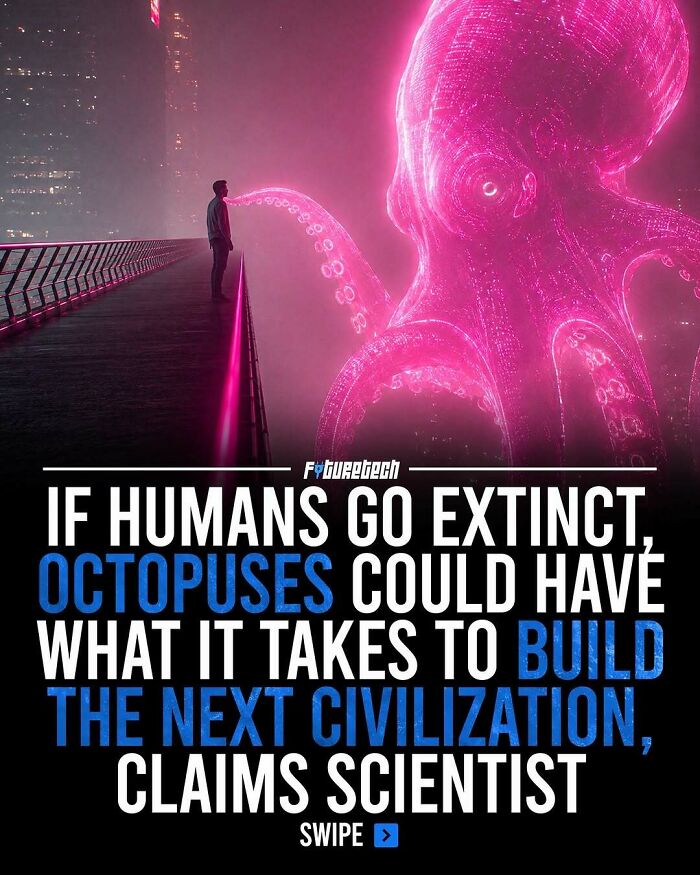 A glowing pink octopus interacting with a human, suggesting future technology and the rise of new civilizations.