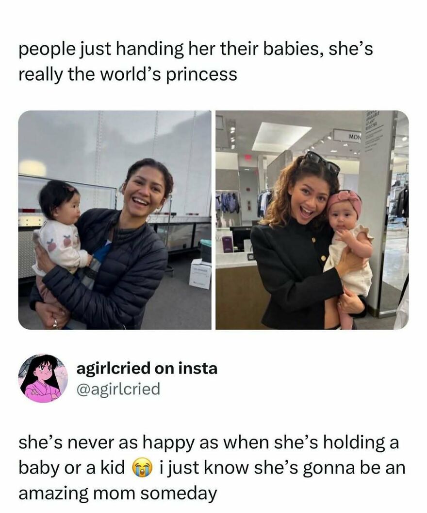 Zendaya holding babies, from a pop culture post, showing her happy interaction with children.