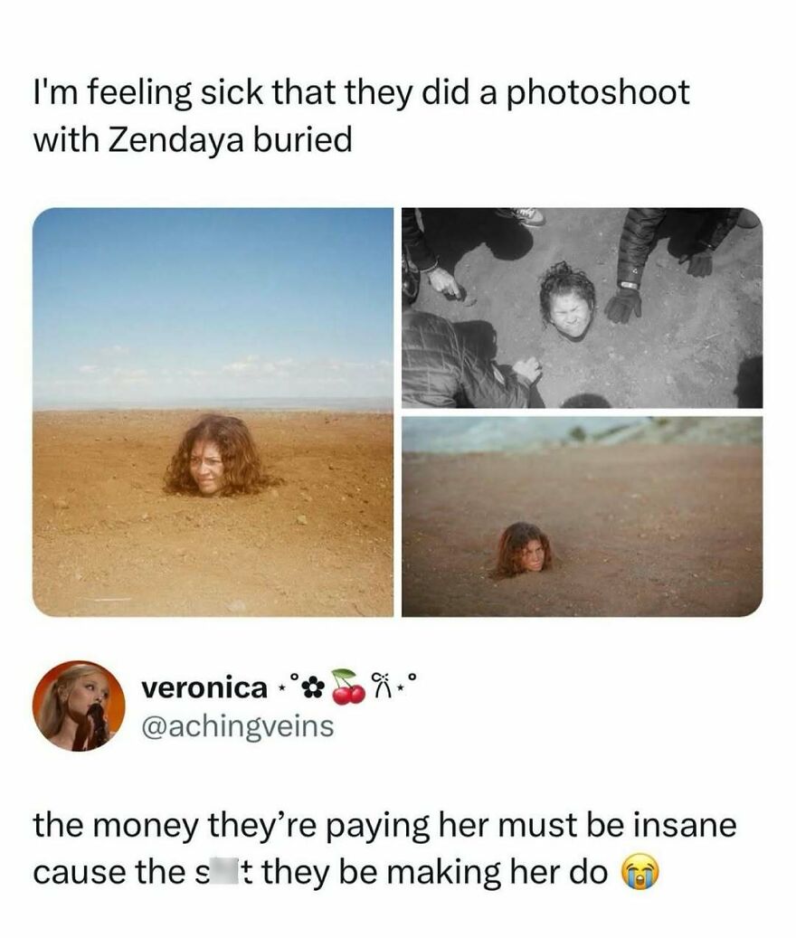 A funny pop culture post showing Zendaya buried in sand for a photoshoot, highlighting the extreme acts for fame.