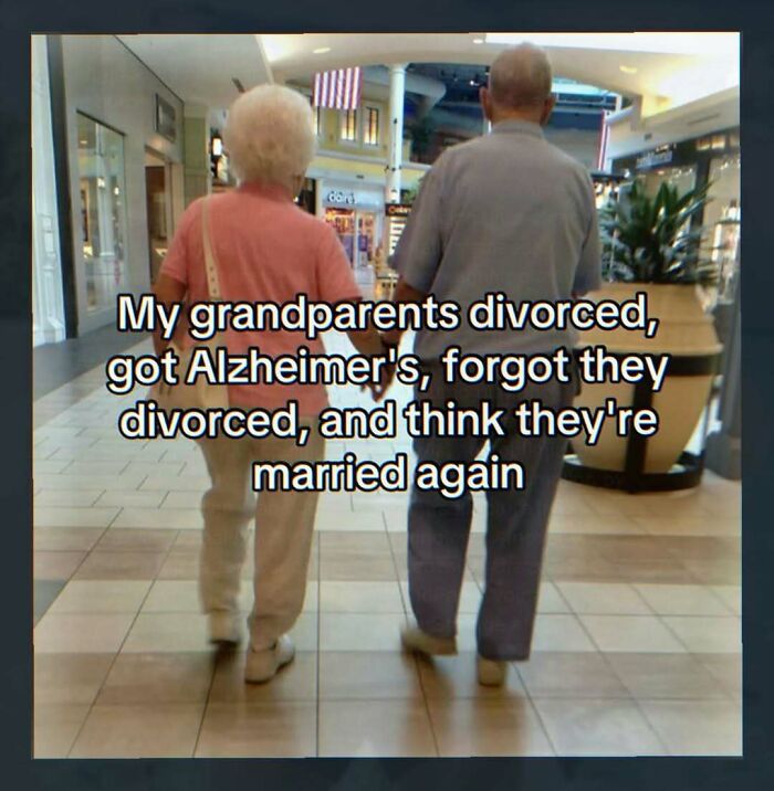 A chaotic and unhinged pic of an elderly couple walking hand in hand in a mall with a text overlay about their unique story.