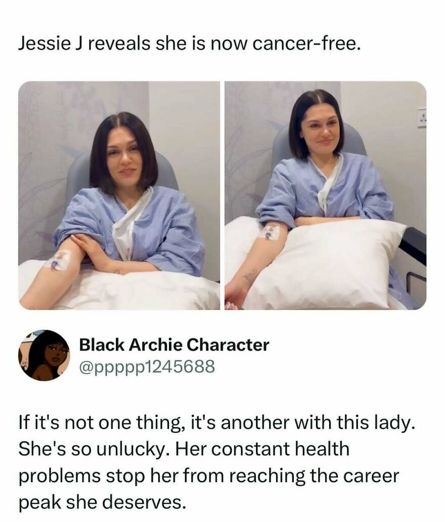 A funny pop culture post announcing Jessie J is cancer-free, with a user commenting on her health struggles.