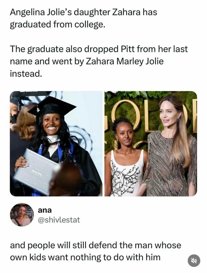 A funny pop culture post about Zahara Jolie's college graduation and name change, sparking debate on family dynamics.