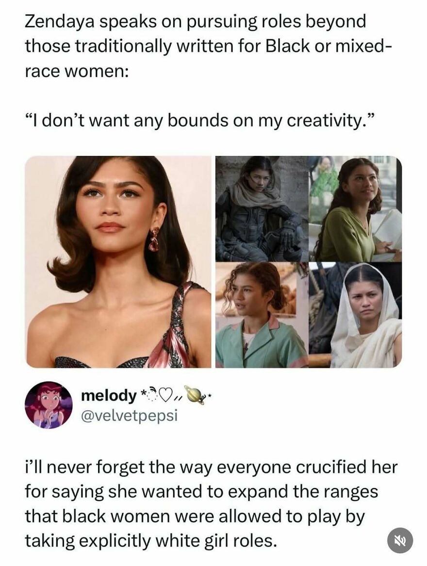 Zendaya in various roles and on the red carpet, from a pop culture post about her diverse acting career.