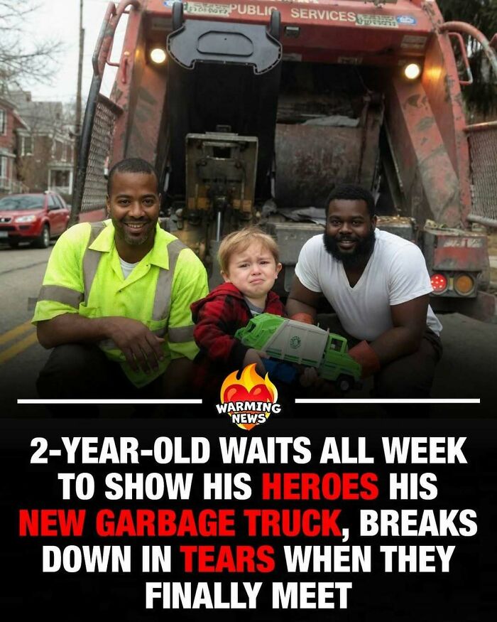 A young boy with a toy garbage truck poses with two smiling garbage collectors, a soul-healing post for a rough month.