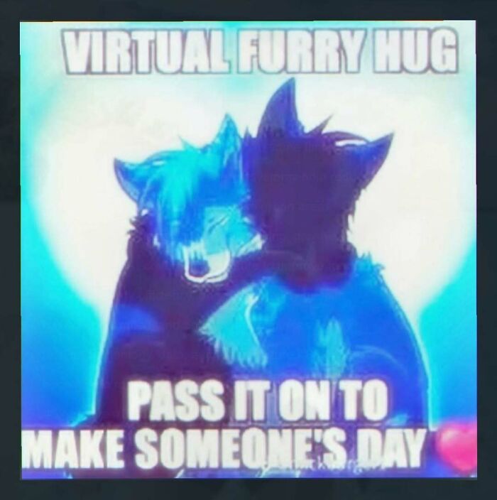 A meme with two blue furry characters hugging, text reads: VIRTUAL FURRY HUG. PASS IT ON TO MAKE SOMEONE'S DAY. Chaotic and unhinged pics.