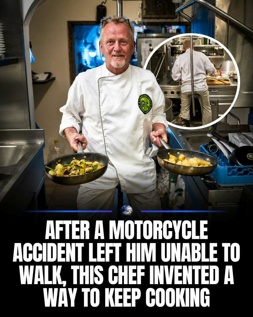 A chef cooking in a specialized kitchen after a motorcycle accident, demonstrating human ingenuity and new cooking methods.