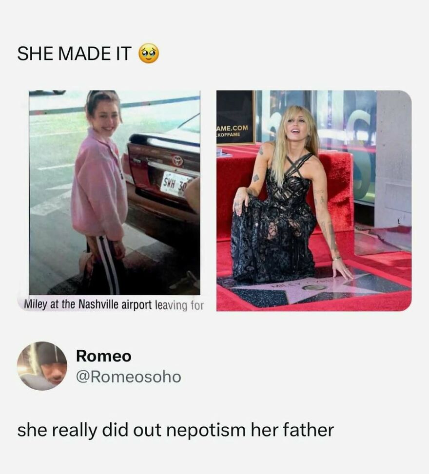 Miley Cyrus then and now, from a pop culture post, highlighting her career journey on the Hollywood Walk of Fame.