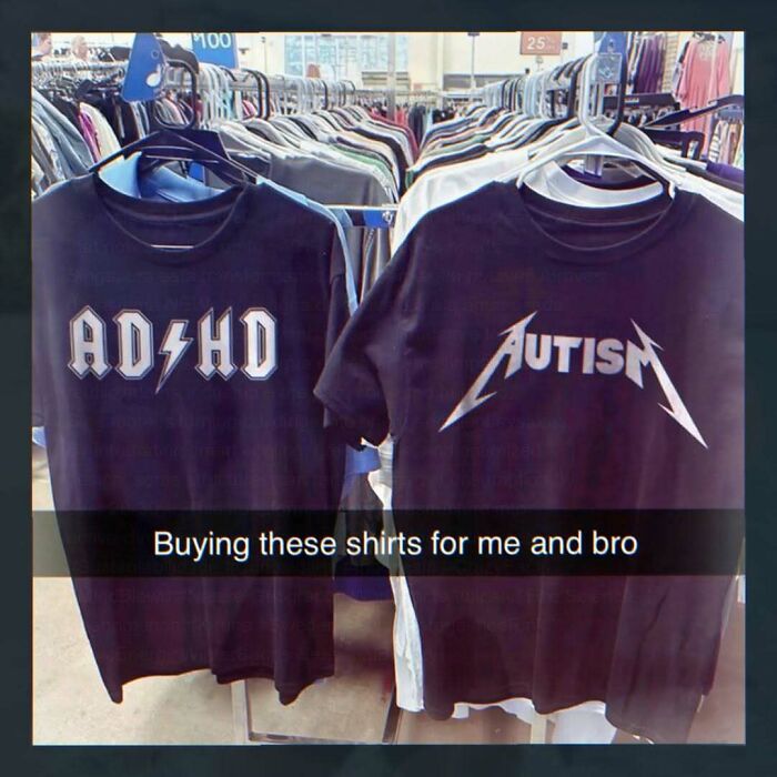 Two black t-shirts hanging, one with ADHD in a rock band font, the other with Autism in a similar style. Chaotic and unhinged pics.
