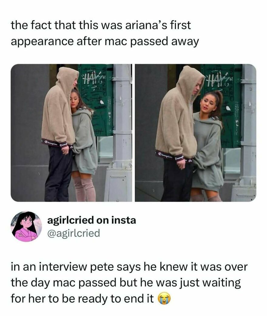 A split image of Ariana Grande and Pete Davidson from a pop culture post, featuring a tweet about their relationship.