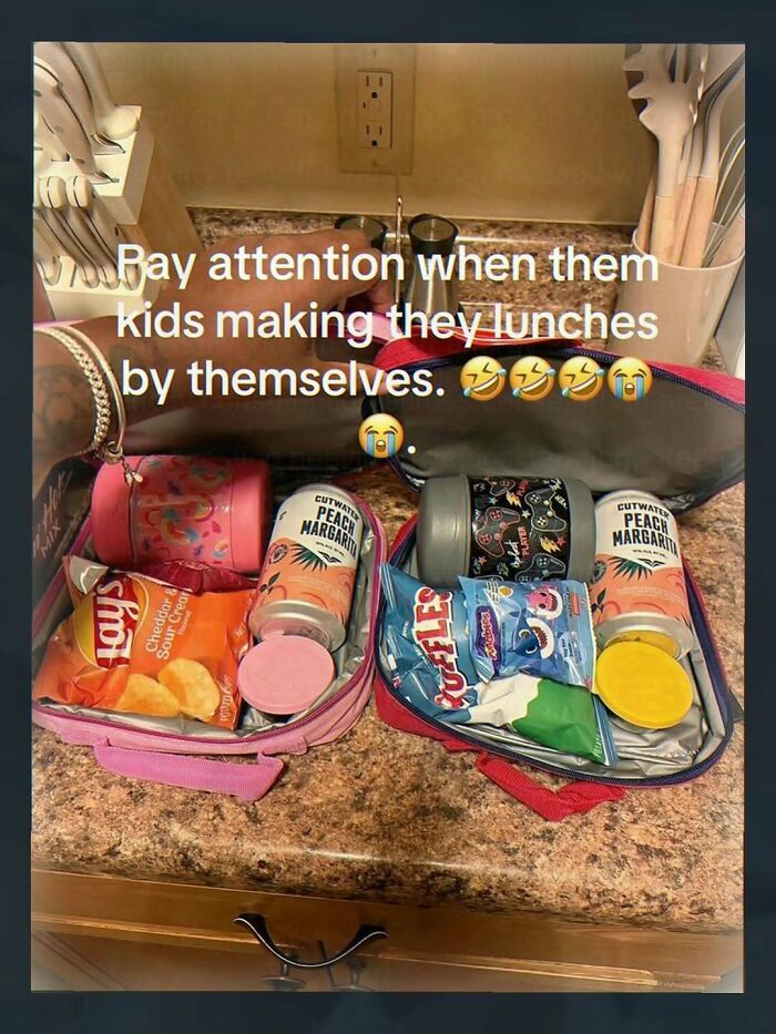 A chaotic pic of two lunchboxes with chips and peach margaritas instead of juice boxes, showing unhinged pics.