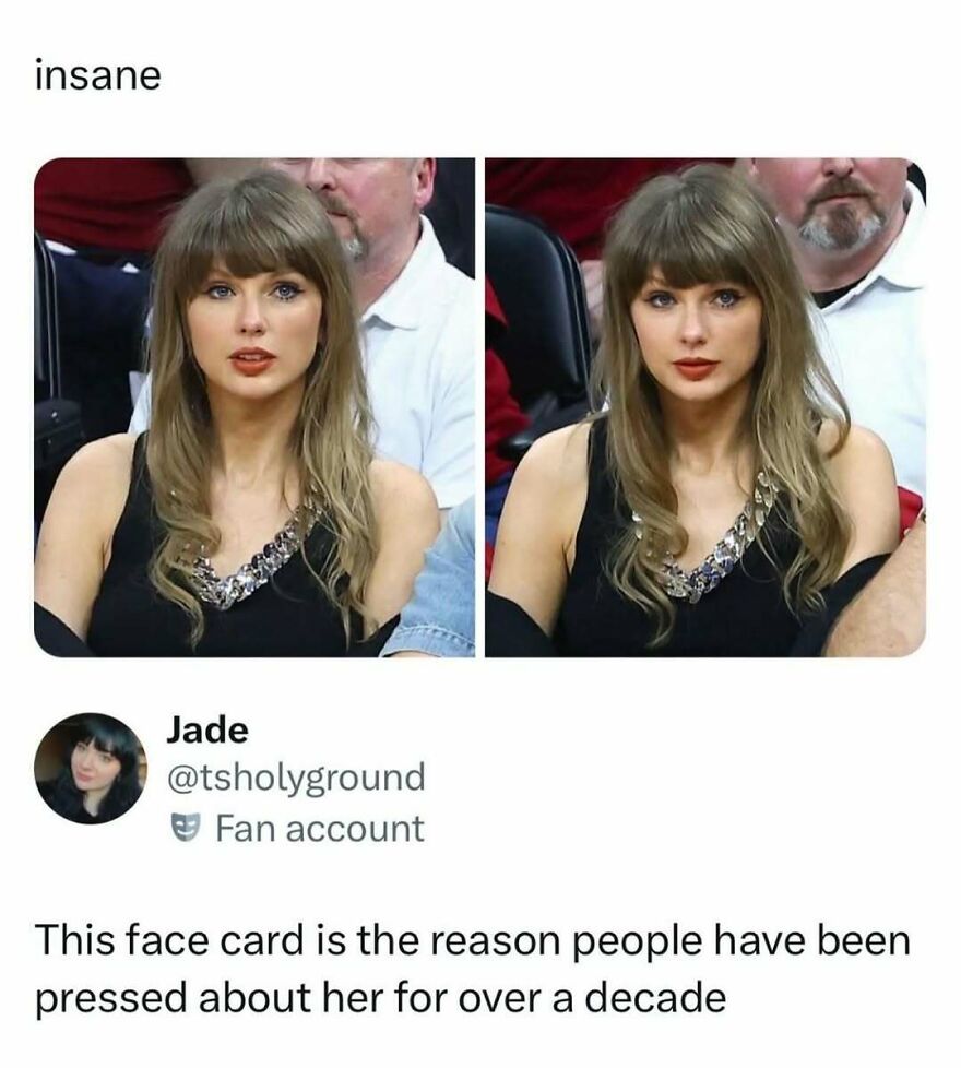 A split image of Taylor Swift, highlighting her face card, a topic of many funny pop culture posts and discussions.