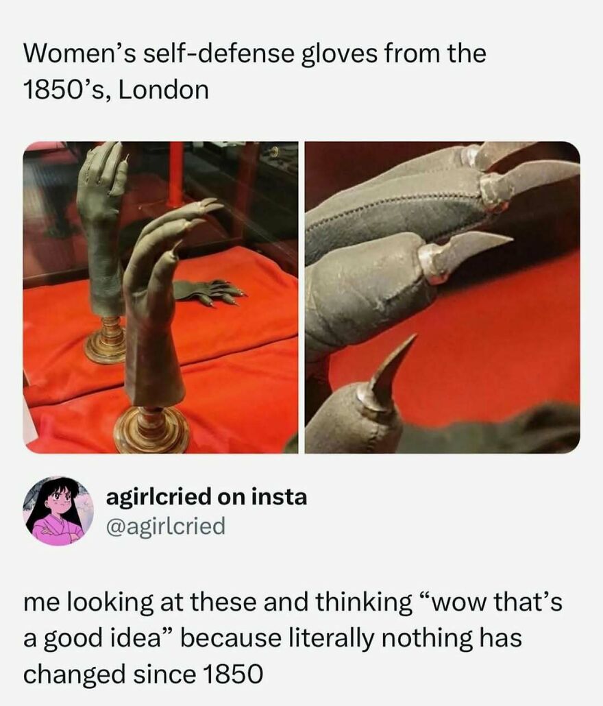 Funny pop culture post showcasing women's self-defense gloves from the 1850s, sharing good vibes.
