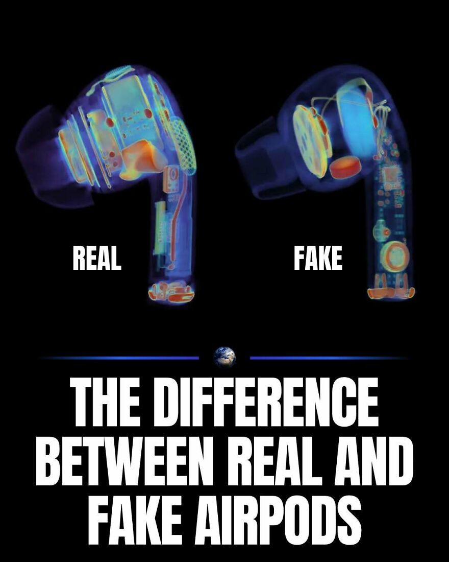 An X-ray comparison of real and fake AirPods showing their internal components, highlighting the difference in humanity and our planet.