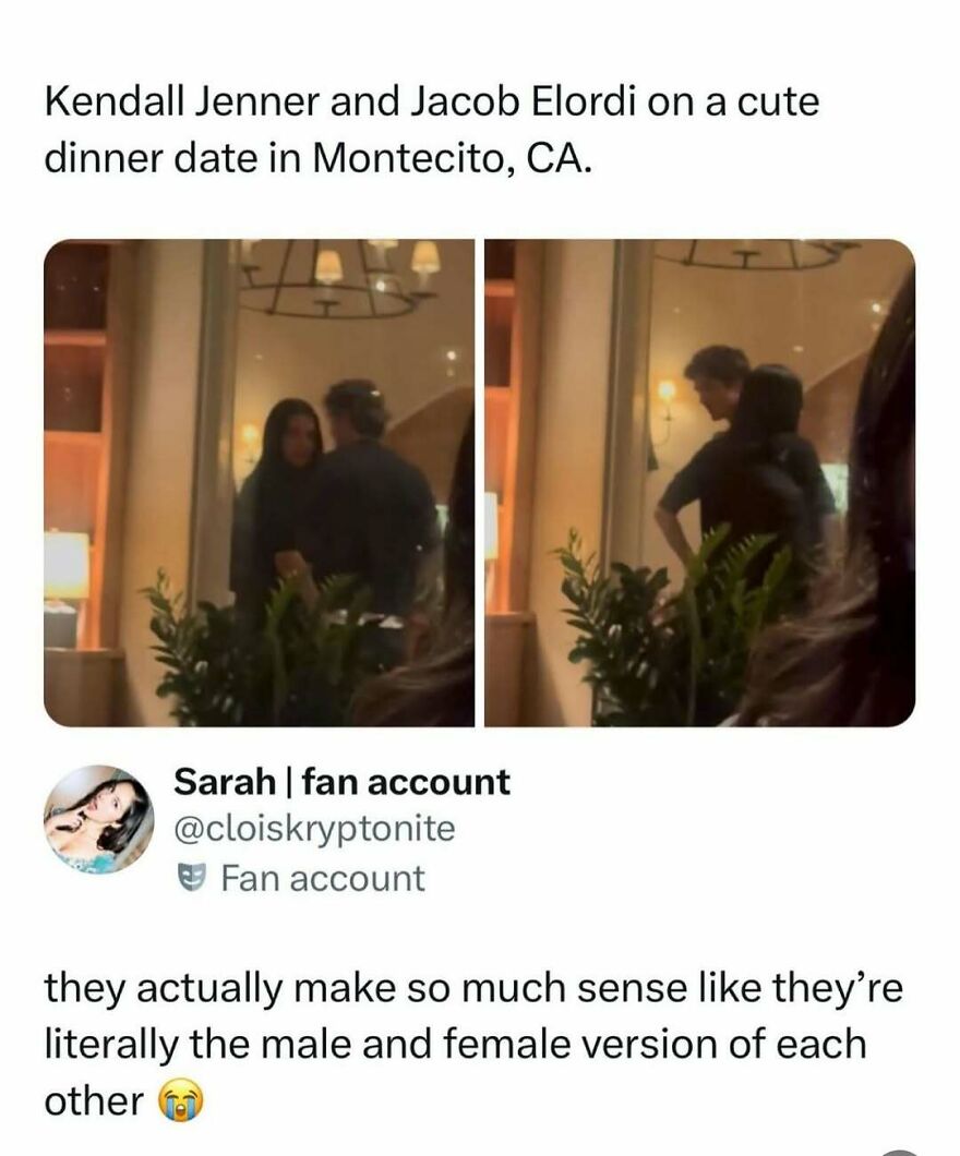 Kendall Jenner and Jacob Elordi on a dinner date, seen in two images, contributing to funny pop culture posts and good vibes.