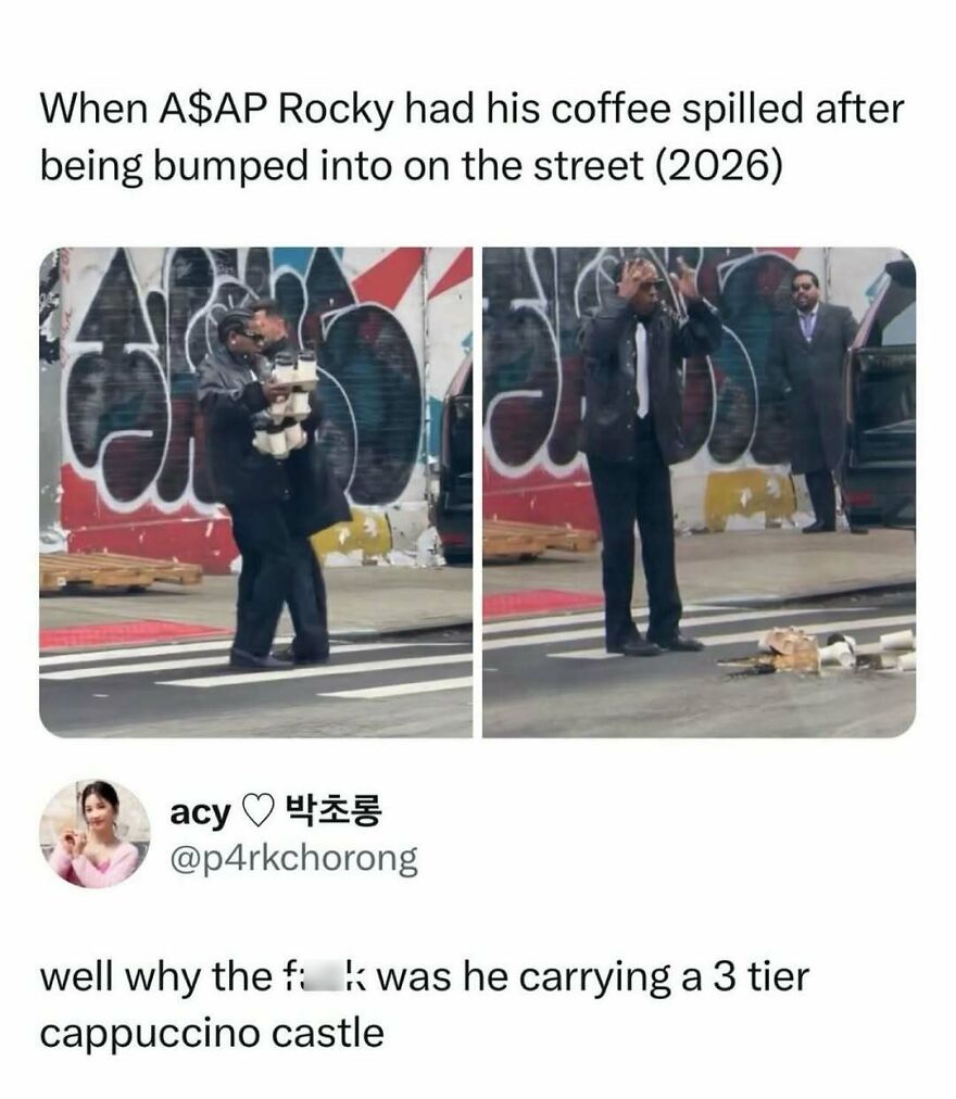 Two images of A$AP Rocky after his coffee was spilled on the street, one showing him carrying many coffees, the other with coffees on the ground, creating funny pop culture posts.
