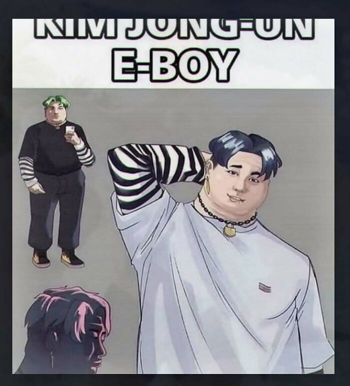 A cartoon depiction of Kim Jong-un as an e-boy, part of a collection of chaotic and unhinged pics.