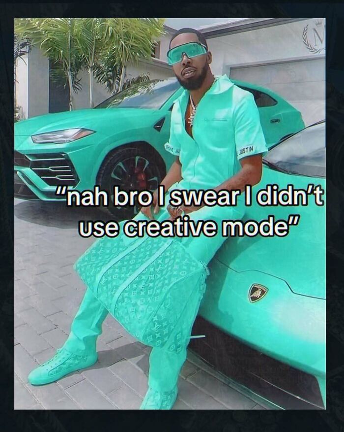 A man in a monochrome teal outfit leaning on a matching car, one of many chaotic and unhinged pics.
