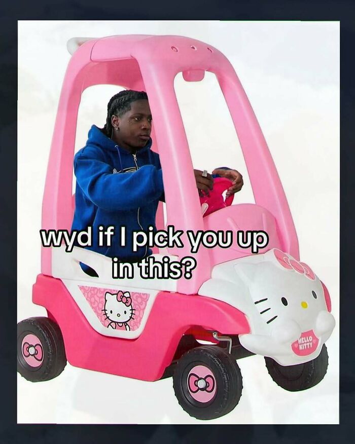 A man in a pink Hello Kitty toy car, one of many chaotic and unhinged pics.