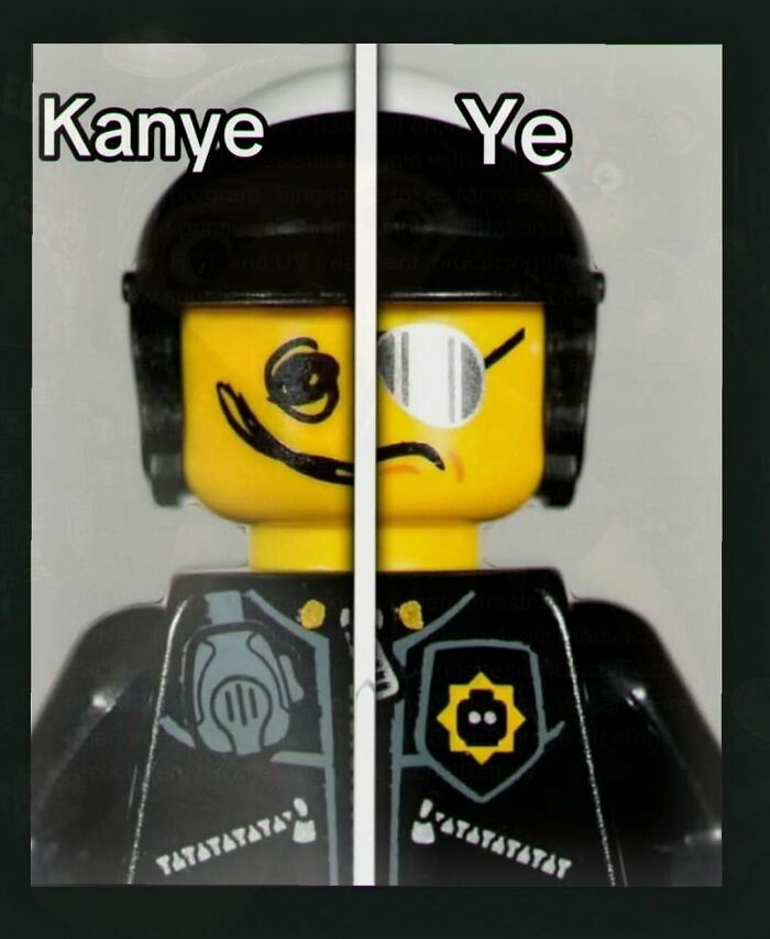 A split image of two Lego figures labeled Kanye and Ye, representing chaotic and unhinged pics.