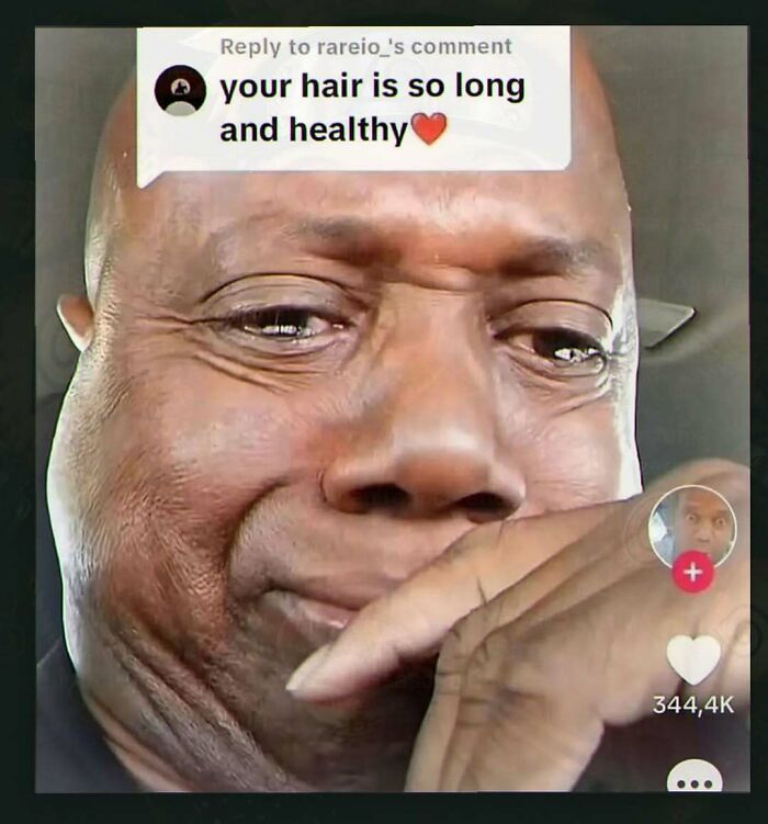 Chaotic and unhinged pic of a man reacting to a comment saying his hair is long and healthy, despite being bald.