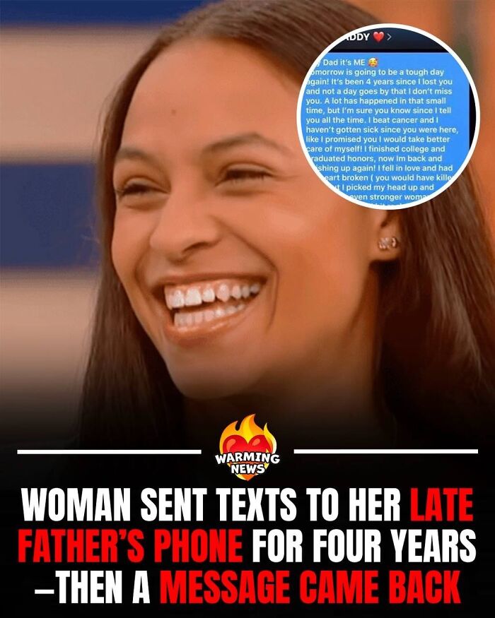 Smiling woman with a screenshot of texts to her late father for soul-healing posts.