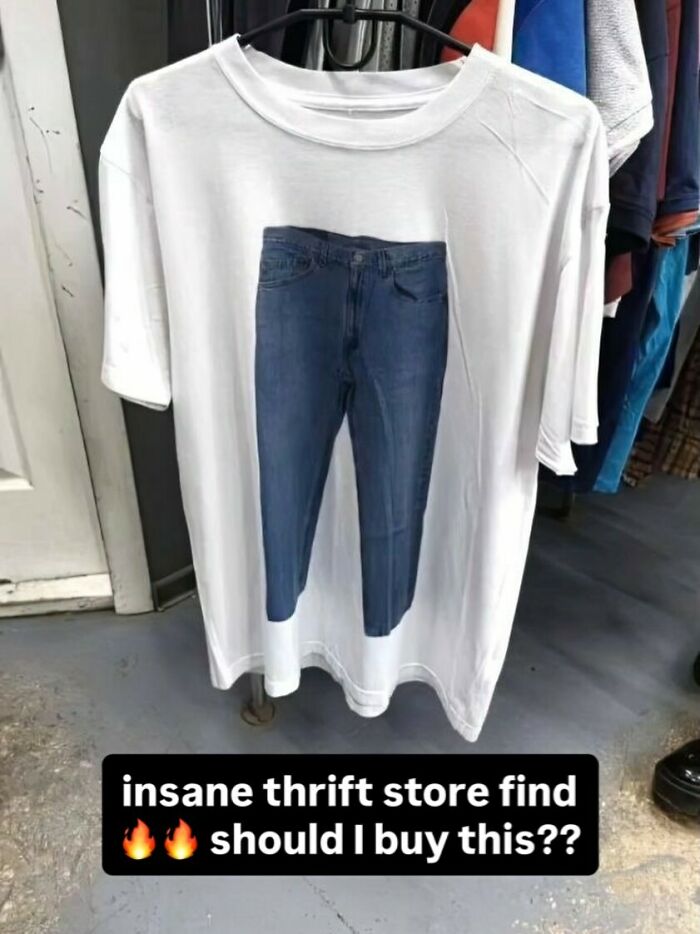 White t-shirt with fake jeans printed and humorous thrift store find text