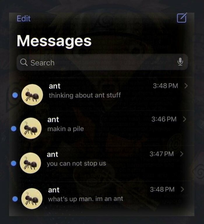 A phone screen showing messages from 'ant', featuring chaotic and unhinged pics of ant thoughts.