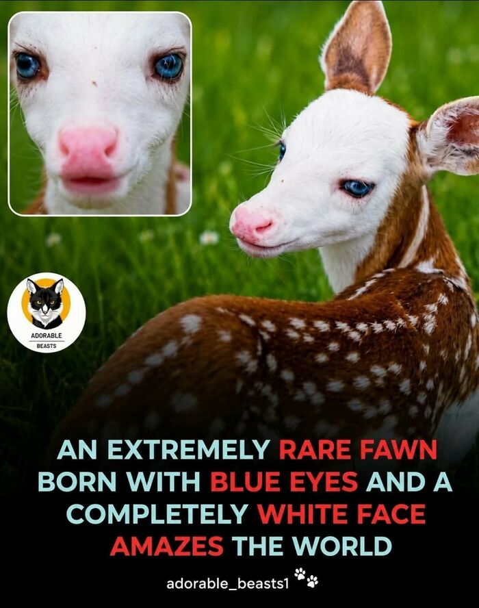 A rare fawn with white face and blue eyes in green grass, showcasing surprising animal facts and stories.