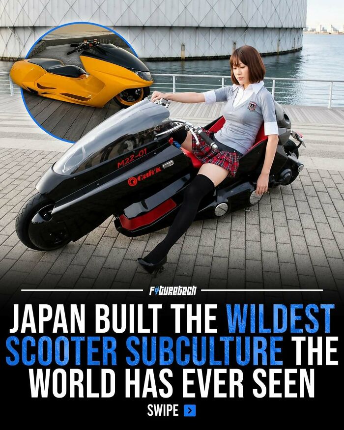 A woman sitting on a futuristic black scooter. This future technology exemplifies a stunning scooter subculture.