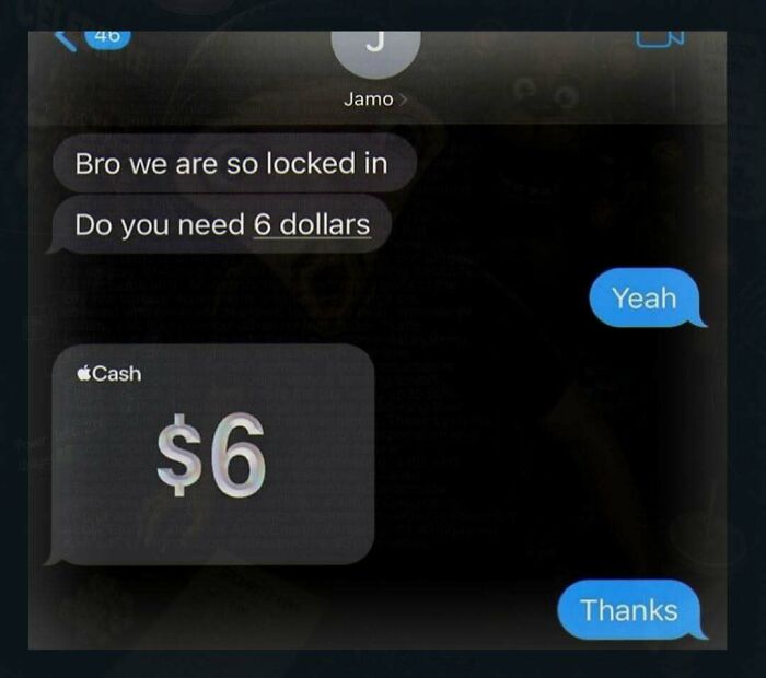 A chaotic pic of a text message conversation showing a $6 Apple Cash transfer and thanks.