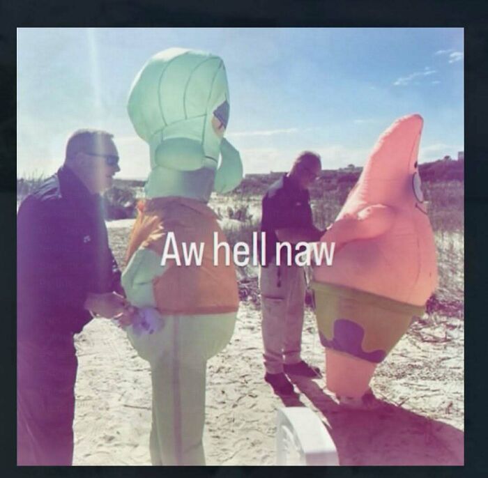Two people standing on a beach with inflatable costumes of Squidward and Patrick, captioned Aw hell naw, among chaotic and unhinged pics.