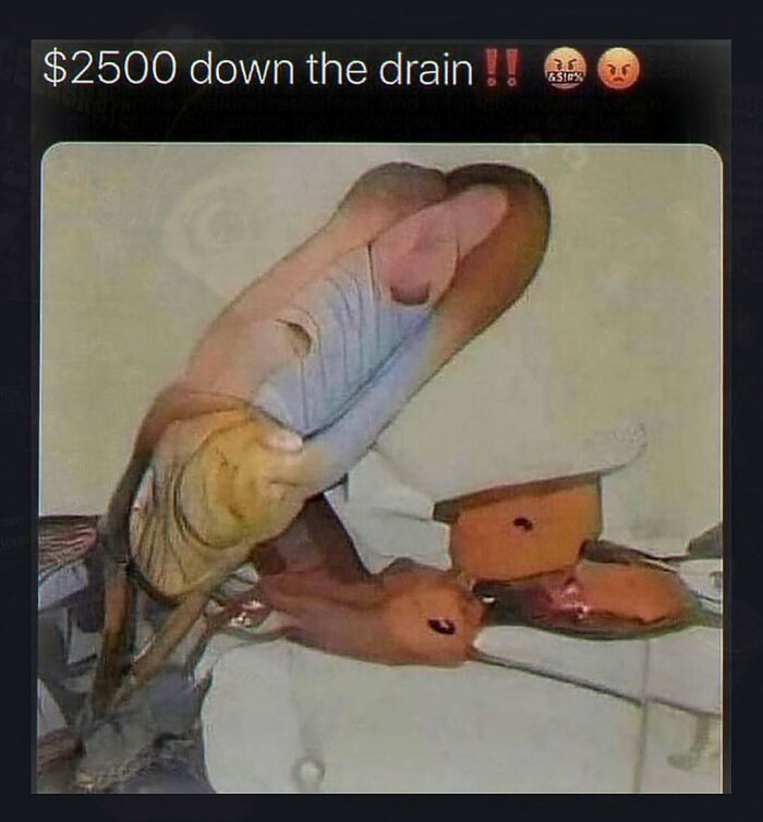 An abstract, distorted image resembling a hot dog, with text $2500 down the drain and angry emojis, suitable for unhinged pics collection.