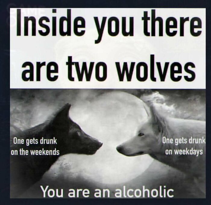A meme with two wolves illustrating chaotic and unhinged pics about being an alcoholic.