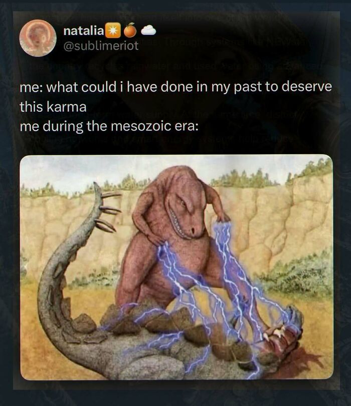 A meme featuring a dinosaur using lightning on another dinosaur, representing chaotic and unhinged pics.