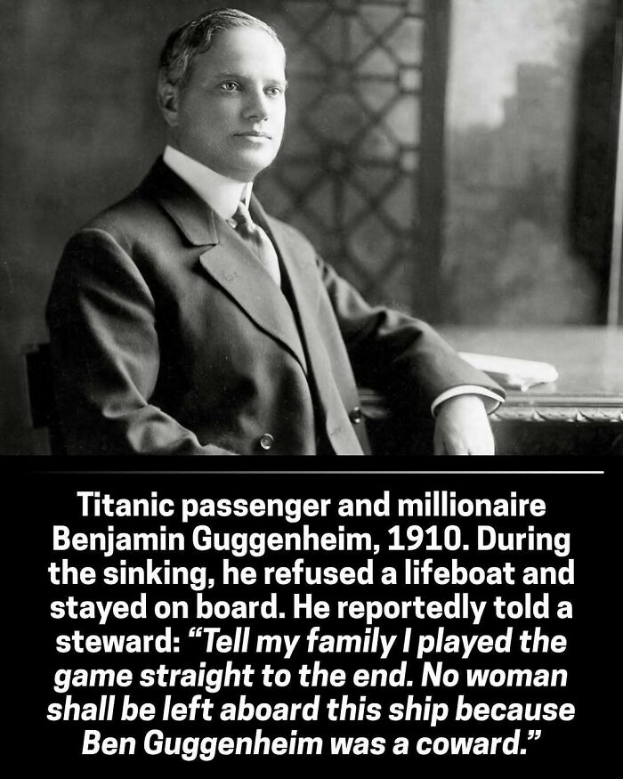 A black and white historical photo of Benjamin Guggenheim in a suit and tie with text about his refusal to leave the Titanic.