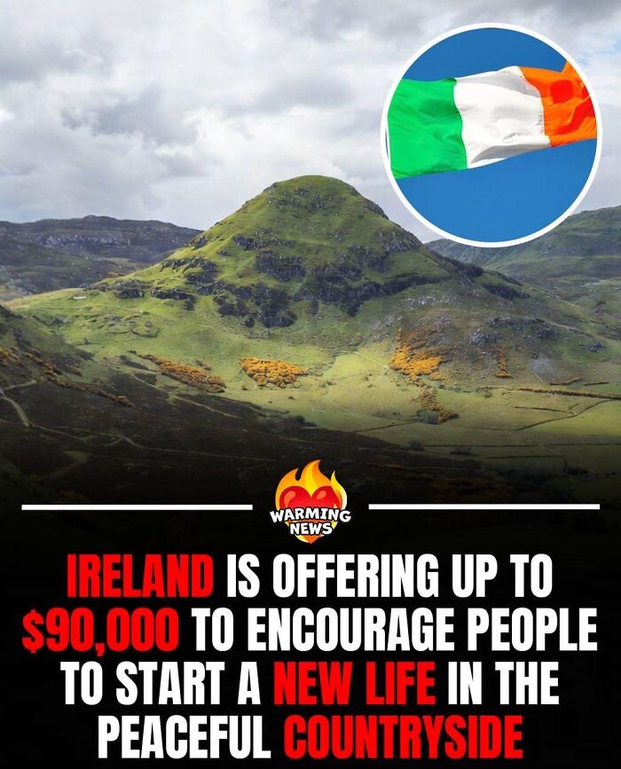 A soulful image showing Ireland offering up to $90,000 for a new life in the peaceful countryside.