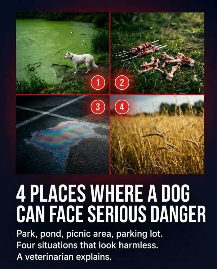 A grid of four images showing places of danger for dogs, sharing surprising facts and stories about animal safety.